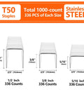 Heavy Duty T50 Stainless Steel Staples Assortment 1000 Count Three Sizes Five Sixteenth Three Eighth Half Inch for staple gun