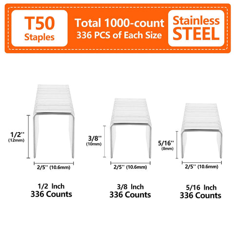 Heavy Duty T50 Stainless Steel Staples Assortment 1000 Count Three Sizes Five Sixteenth Three Eighth Half Inch for staple gun