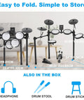 Electric Drum Set For Beginners With Kick Hammer Pedal, 4 Mesh Pads, 10 Inch Cymbals, 150 Sounds, adjustable setup shown