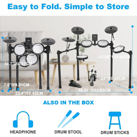 Electric Drum Set For Beginners With Kick Hammer Pedal, 4 Mesh Pads, 10 Inch Cymbals, 150 Sounds, adjustable setup shown