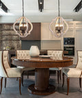 4 Light Vintage Wood Orb Pendant Chandelier For Island Kitchen Dining Room Hallway Foyer A Total Farmhouse Vibe With Adjustable Pendant Fixtures White Finish over a modern dining table.