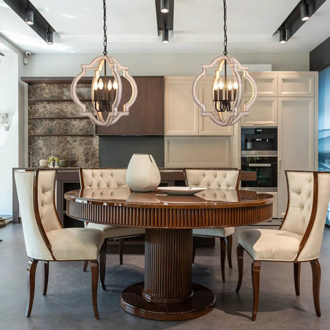 4 Light Vintage Wood Orb Pendant Chandelier For Island Kitchen Dining Room Hallway Foyer A Total Farmhouse Vibe With Adjustable Pendant Fixtures White Finish over a modern dining table.