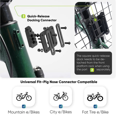 Quick-release docking connector for Ultimate Universal Front Cargo Rack For E Bikes With Head Tube Mount And 33 Lbs Capacity.