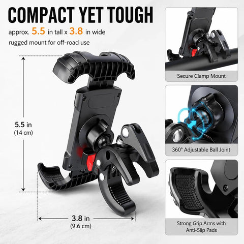 Heavy Duty UTV Phone Mount For Round Handlebars Roll Bars Fits 4 7 To 7 Inch Smartphones With Rock Solid Grip For Gator Xuv835r showing compact rugged design.