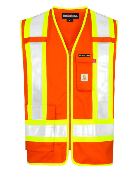 High Vis FR Safety Vest Zip Front Flame Resistant Workwear ANSI Class 1 Reflective Tape NFPA 70E Cotton Twill bright orange with reflective stripes