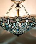 Sea Blue Tiffany Stained Glass Dragonfly Ceiling Light Fixture Lit Look Semi Flush Mount 16 Inch Wide 15 Inch High