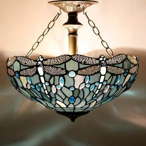 Sea Blue Tiffany Stained Glass Dragonfly Ceiling Light Fixture Lit Look Semi Flush Mount 16 Inch Wide 15 Inch High