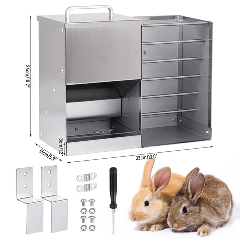 Top Notch Bunny Hopper And Premium Hay Holder For Indoor Cages featuring stainless steel, dimensions 33x26x15cm, and tools included.