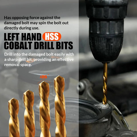 Close-up of titanium nitride-coated left-hand drill bits from 42 Piece Bolt Extractor Kit With Left Hand Cobalt Drill Bits For Easy Out Removal Of Damaged Stripped Frozen Rusted Rounded Off Bolts Nuts And Screws Includes Durable Titanium Nitride Coated Set For Studs in action.