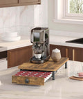Compact Coffee Pod Drawer Holder With 35 Capsule Capacity For K Cup Storage And Sliding Mesh Basket Organizer For Home Office And Kitchen Countertop Rustic Brown in kitchen setup with coffee machine on top.