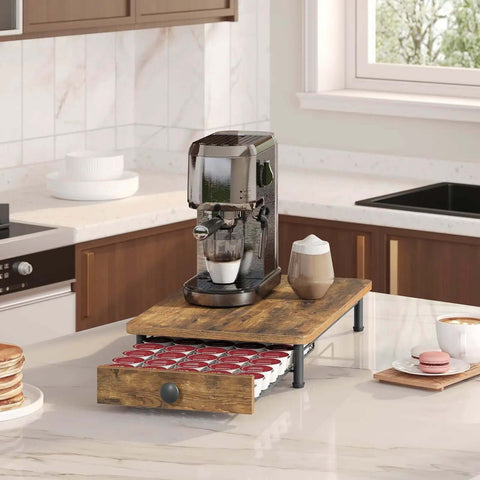 Compact Coffee Pod Drawer Holder With 35 Capsule Capacity For K Cup Storage And Sliding Mesh Basket Organizer For Home Office And Kitchen Countertop Rustic Brown in kitchen setup with coffee machine on top.