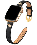 Premium Slim Genuine Leather Apple Watch Band With Chic Bee Charms Easy Snap Fit, fitting 38mm to 49mm watches, showcased on a smartwatch.