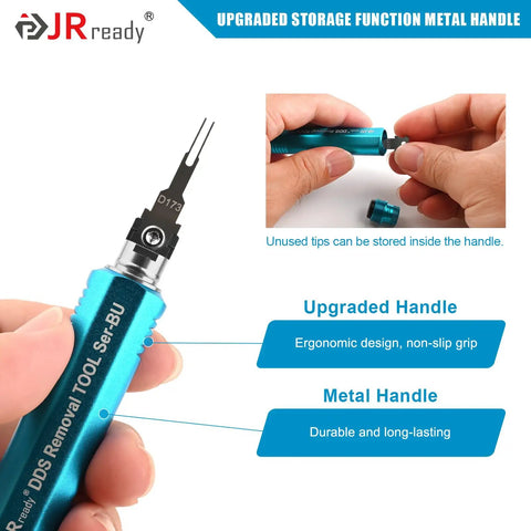 Close-up of ST5349 Pin Removal Tool Kit ergonomic metal handle with extractor tip for Deutsch, AMP TE, Molex, Delphi connectors.