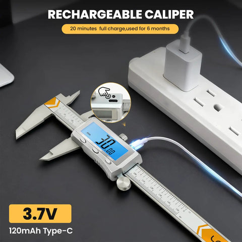 Rechargeable Caliper With Backlit LCD Screen And Auto Off displaying 3.0 inch measurement, stainless steel, charging via Type-C