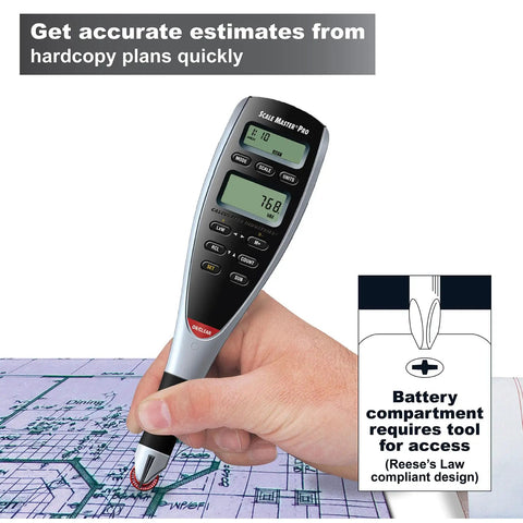 Person using 7.3 Inch Digital Plan Measure with 72 Built In Scales and Six Custom Scales for metric and imperial units on blueprints.