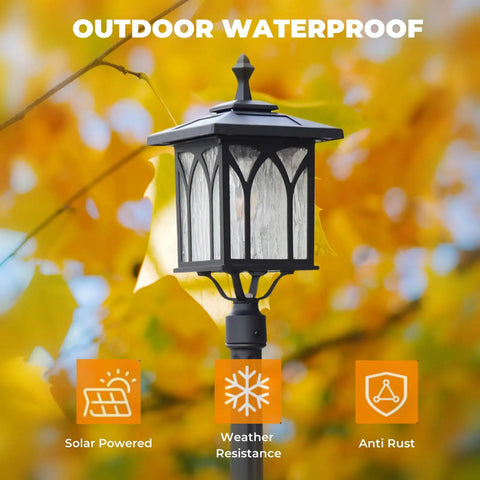 Solar Post Light Outdoor Cast Aluminum LED Lamp Fixture For Garden Gate Yard Pole Pillar Driveway Pathway Deck No Fuss Install Energy Saving Auto On At Dusk Weatherproof Landscape Lighting with autumn leaves background