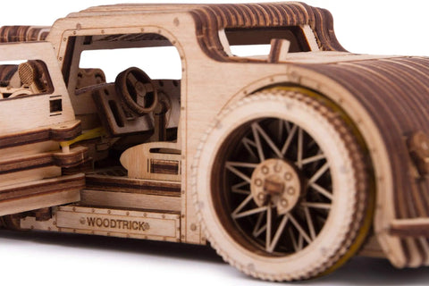 Hot Rod 3D Wooden Puzzle Car Kit for Adults No Glue Needed 280 Pieces Natural Wood Model, close-up wheel detail