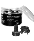 Heavy Duty M6 Rack Screws And Cage Nuts 50 Pack For Server Cabinet Rack Mounting Network Gear Phillips Truss Head With Nylon Washers No Sweat Install Slick Black Hardware Kit in clear container.