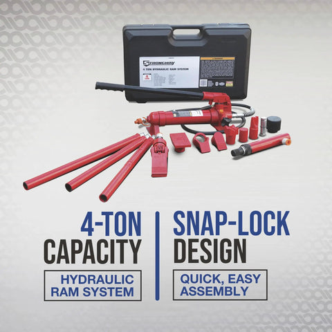 Heavy Duty Hydraulic Portable Ram Kit 4 Ton Capacity 17 Piece Set High Grade Steel Built Like A Tank Top Shelf Rust Resistant Coating Auto Return Pump For Rough Shop Work And Heavy Lifts