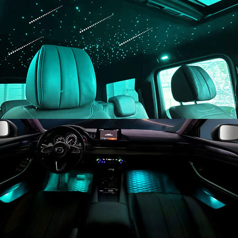 Car interior with 6W RGBW Meteor Fiber Optic 3 in 1 Lights Kit, shooting star effect on ceiling, illuminated dash, black seats