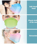 KF94 Face Mask 50 Pack For Grown Ups With 4 Layer Protection 3D Fish Type Mouth Shield in multi-color, side and front view.