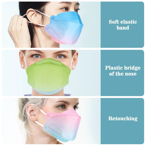 KF94 Face Mask 50 Pack For Grown Ups With 4 Layer Protection 3D Fish Type Mouth Shield in multi-color, side and front view.