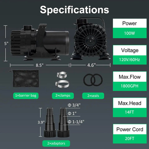 Specifications of 100W Submersible Pond Pump For Koi Ponds And Water Features, 1800 GPH, 14 Ft Lift, 180 Degree Adjustable Outlet