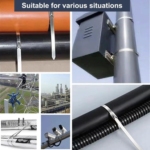 Heavy Duty 11.8 Inch Metal Zip Ties, 304 Stainless Steel Self Locking Cable Ties For Outdoor Use, 100 Pack, Ultra Strong And Weatherproof For Exhaust Wraps, Chain Link Fences, Pipes, Farms, And More on pipes and fence applications