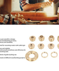 Solid Brass Router Template Bushing Guide Set With Eight Exact Measurements For Woodworking Flip Plates And Trimming Machines showing all eight precision bushings.