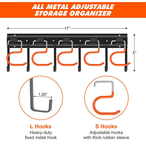 Diagram showing 68 Inch All Metal Garden Tool Organizer System Adjustable Wall Mount Garage Organizer With Heavy Duty Hooks.