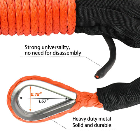 1/4 Inch By 50 Foot Orange Synthetic Winch Rope With Black Protective Sleeve, 10,000 Lb Load Capacity showcasing durability details