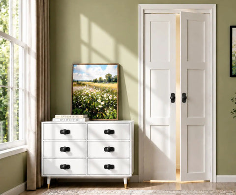 Living room with a white dresser featuring Four Pack Matte Black Cabinet Knobs With Sleek Backplates showcasing vintage floral details.