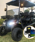 LED Turn Signal Side Mirrors for Golf Carts with 7x5 Inch Glass Hidden Marker Lights and Rear Indicator shown on a black golf cart.