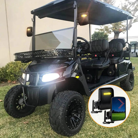 LED Turn Signal Side Mirrors for Golf Carts with 7x5 Inch Glass Hidden Marker Lights and Rear Indicator shown on a black golf cart.