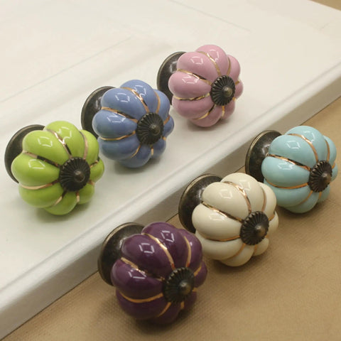 Super Slick Vintage Ceramic Pumpkin Cabinet Knobs 6 Piece Set in various colors, 40mm ivory and bright ceramic drawer pulls.