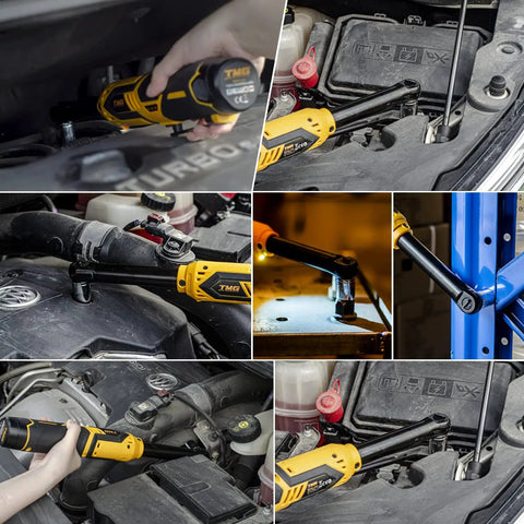 Workhorse Cordless Electric Ratchet Wrench 3/8 Inch used for automotive repairs, showcasing variable speed and long reach capabilities