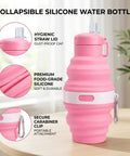 Foldable Water Bottle With Leak Proof Locking Lid For Outdoor Adventures Silicone Sport Bottle shown with straw lid and carabiner clip.