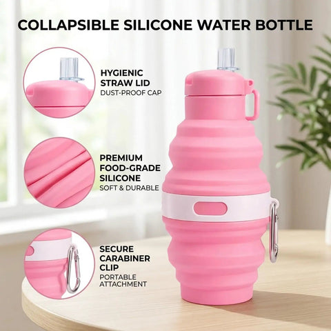 Foldable Water Bottle With Leak Proof Locking Lid For Outdoor Adventures Silicone Sport Bottle shown with straw lid and carabiner clip.