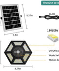 Diagram showing dimensions and features of Solar Pendant Light For Indoor And Outdoor Use With Remote Control, 360 Degree Waterproof Light With Motion Sensor, Timer, And Five Modes For Shed, Garage, Barn, Home Workshop.