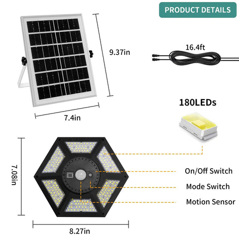 Diagram showing dimensions and features of Solar Pendant Light For Indoor And Outdoor Use With Remote Control, 360 Degree Waterproof Light With Motion Sensor, Timer, And Five Modes For Shed, Garage, Barn, Home Workshop.