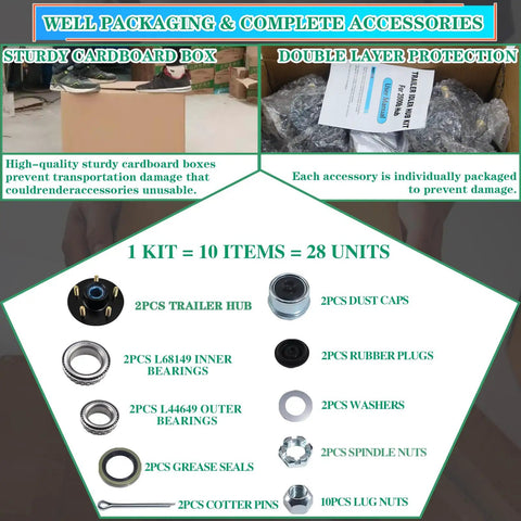 Pre Lubed 3500 Lb Trailer Hub Kit contents displayed with packaging and accessories, including bearings and seals.