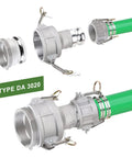 Kickass Industrial Grade Aluminum Camlock Fittings Type Da Reducer Adapter 3 Inch Female To 2 Inch Male Cam And Groove Hose Connector assembly with green hose.