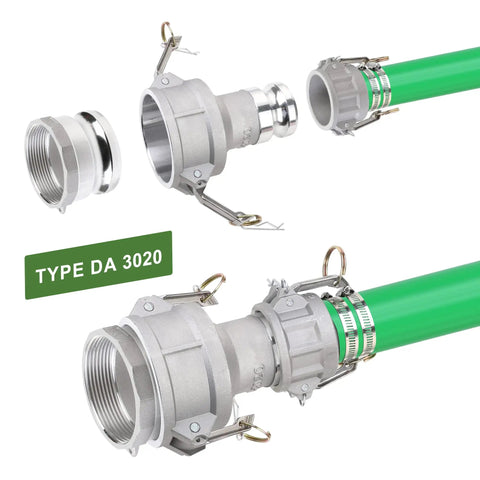 Kickass Industrial Grade Aluminum Camlock Fittings Type Da Reducer Adapter 3 Inch Female To 2 Inch Male Cam And Groove Hose Connector assembly with green hose.