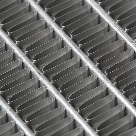 Close-up of aluminum fins on 2 Row Radiator With Aluminum Fan Shroud For Civic 1992 Through 2000 Del Sol 1993 Through 1997 Integra 1994 Through 2001