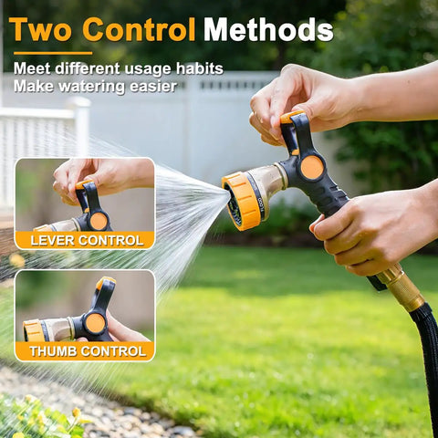 Fireman-Style Garden Hose Nozzle With Heavy-Duty All-Metal Build Lever And Thumb Control Sprayer in use on lawn