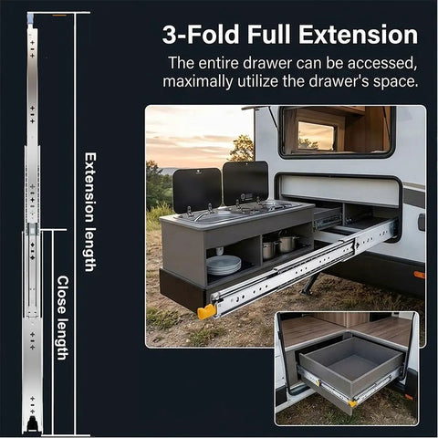 Beefy Heavy Duty Drawer Slides With 500 Lb Capacity, Full Extension Ball Bearing Rails on kitchen pull-out in RV.