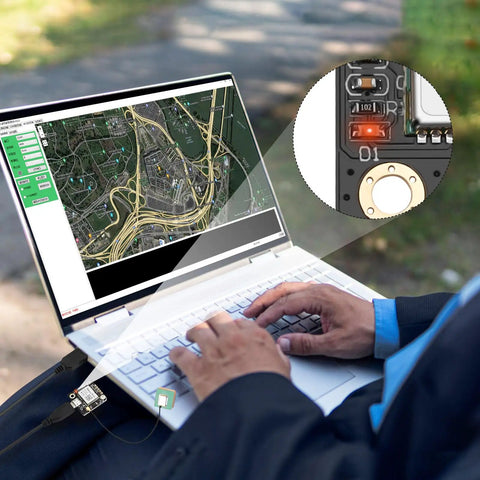 Two Pack GT U7 GPS Module For Drones And Microcontrollers with laptop showing satellite navigation and close-up of module connection