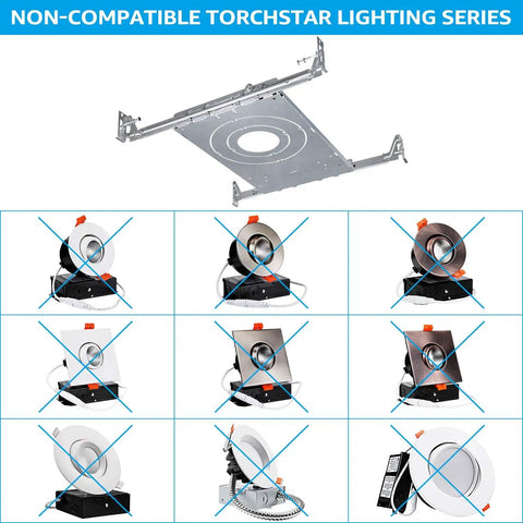 New Construction Mounting Plate For LED Recessed Lighting Kits Three Quarter Inch And Six Inch shown with non-compatible products