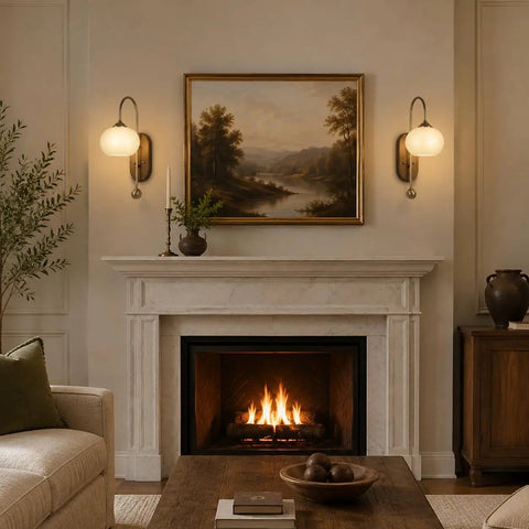 BOKT Battery Operated Light Wall Sconce 2 Pack Wireless Vintage Wall Light next to a cozy fireplace in a living room.