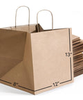 Custom Kraft Paper Gift Bags With Handles For Full Branding Up To Five Sides Printed 115 GSM Recyclable Bags shown in side view with dimensions.